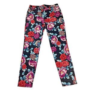 Chicos Jeggings Women 2R US 12R Black Floral Peonies Roses Pink Red Skinny Pants